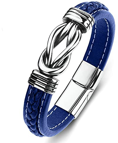 AMDXD Geschenke Für Männer Wickelarmband, PU Leder Herren Armband Gravur Knot Armband Leder Herren Silber Blau Armschmuck Edelstahl mit Magnet Verschluss, Länge 20cm