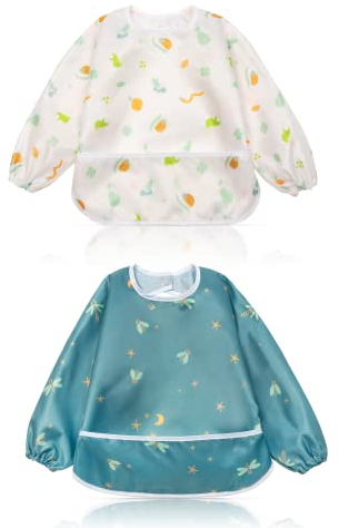 Little Dimsum Lätzchen Baby Lätzchen mit Ärmeln, Wasserdicht Abwaschbar Ärmellätzchen, Baby Bibs Set für Kleinkinder mit Großer Tasche (6-36 Monate) - 2er-Pack