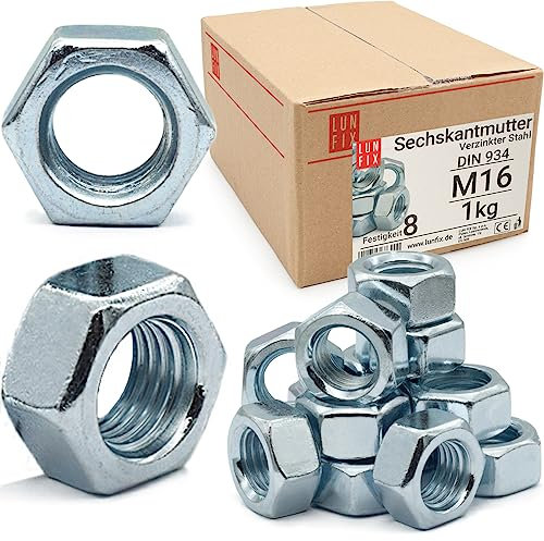 Dado Esagonale M16 DIN 934, Resistenza 8, 1 Kg (ca. 35 pezzi), Acciaio Zincato Galvanizzato, Dado Filettato per Viti, Barre Filettate e Bulloni Metrici, Uso Professionale e Fai da Te, Lun Fix