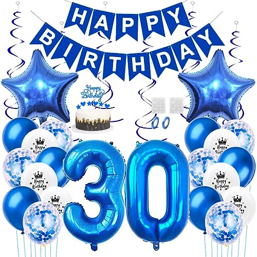 Daimay 30. Geburtstag Dekorationen Blau Geburtstagsdeko Mann Frauen Happy Birthday Banner Konfetti Luftballons Nummer Folienballons Stern Mylar Ballon Tortendeko für 30 Jahre Geburtstagsdeko
