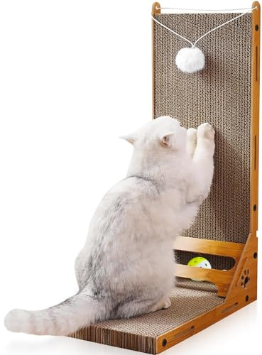 Hibtn Cat Scratching Board,60cm L Shaped Scratching Board for indoor Cats,Cardboard Cat Scratcher With Ball Toy Wall Mounted,Durable Cardboard to Protect Furniture
