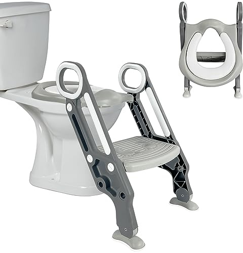 Crystals Adjustable Toilet Seat for Potty Training - Step Ladder & Padded Seat for Boys, Girls (Grey)