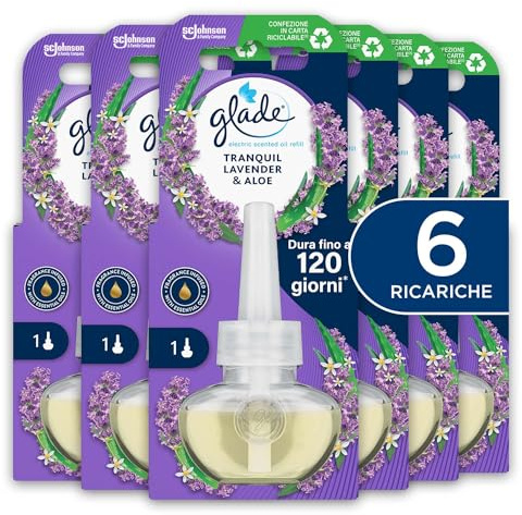 Glade Liquido Elettrico Profumatore per Ambienti, Lavanda, 6 ricariche | Fino a 120 Giorni di Profumo per Ricarica, Fragranza Regolabile per Adattarsi a Ogni Stanza, Con Olii Essenziali