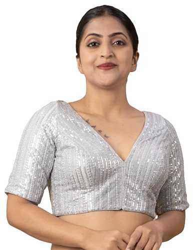 FIGURE'S Women's Sequin Embroidered V Neck Elbow Half Sleeve Readymade Saree Blouse Ethnic Stitched Plus Size Top Padded Lavender Pink Blue Silver Black Gold Red Green E1 (Silver, 42)