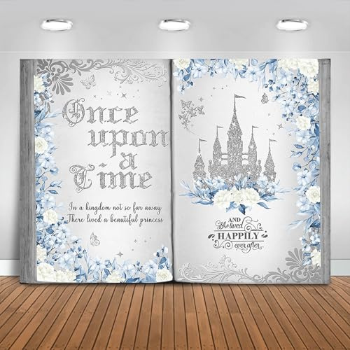 Fitumiw Once Upon a Time Hintergrund, 2,1 x 1,5 m, blaues Blumenmuster, silbernes Schloss, Prinzessinnen-Märchenbuch, Geburtstag, Party-Dekorationen für Mädchen, zum Eröffnen, magisches Buch,