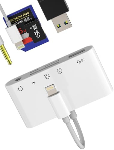 Lightning a conector de auriculares de 3,5 mm, USB OTG, carga micro SD, TF, lector de tarjetas SD 5 en 1 para iPhone, adaptador auxiliar de cámara, visor de memoria, unidad flash, mouse, teclado