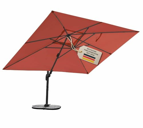 RS Trade Sonnenschirm Ampelschirm 3x4m groß rechteckig, mit Windsicherung, Ständer und Schutzhülle, drehbar neigbar kippbar mit Kurbel, windstabil für Garten Terrasse Balkon Gastronomie, orange-rot