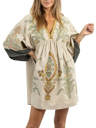 Joiemont Womens Oversized Embroidered Dress with V-Neck and 3/4 Sleeves Vintage Embroidery Babydoll Dress(0603-Olive-XS)