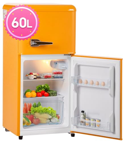 DRIXNO Retro-Kühlschrank. Gefrierkombination. 86,8 cm hoch, 45,5 cm breit, zweitürig, mit 60 Liter Gesamtvolumen, 22 Liter Gefriervolumen. 163 kWh/Jahr, -27°C ∽ 13°C,LED-Licht