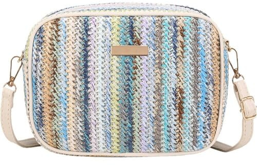 Sanfly Women Straw Bag Weave Handmade Crossbody Bag with Zipper Multi-color Straw Woven Bags Handbags Summer Beach Purse