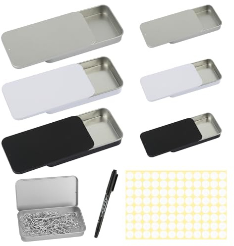 TIANCONGYUN Small Metal Storage Box with Sliding Lid, Pack of 6, Metal Box Containers with Stickers, Metal Box with Lid for Sweets, Jewellery, Pills, Survival Set (11 x 6 x 1.6 cm / 8 x 3.4 x 1.2 cm)