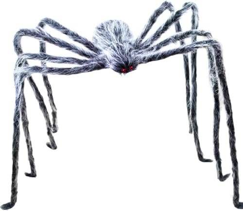 2 Meter Haarige Spinnen Dekoration Halloween, 200cm Groß Gruselige Spinnen Gefälschte Grau Haarige, Riese 2M Realistische Riesig Spinne mit Roten Augen Deko für Außen Innen Party, Garten, Spukhäuser