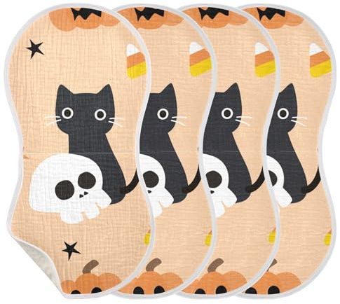 KLL Spucktücher für Babys und Mädchen, 4 Stück, große Baumwolltücher, extra weich, saugfähig, bequeme Spucktücher, Babytücher, niedliche schwarze Katzen und Kürbisse