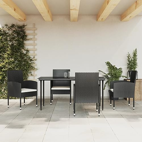 KATERYY 5-TLG. Garten-Essgruppe Schwarz Poly Rattan und Stahl,Elegante Gartengarnitur aus Polyrattan mit Glastisch und bequemen Sitzkissen für Garten und Terrasse