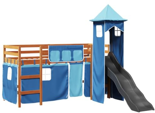 vidaXL Kinderhochbett mit Turm, Hochbett mit Rausfallschutz, Kinderbett mit Leiter Rutsche, Spielbett Etagenbett, Blau 80x200cm Massivholz Kiefer