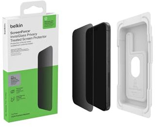 Belkin ScreenForce InvisiGlass Schutzfolie iPhone17 + iPhone 16 Pro mit Sichtschutz, Kratzfest, Displayschutzfolie mit Positionierungsschale, Blasenfreie Anbringung, Glasschutz, Recyceltes Glas
