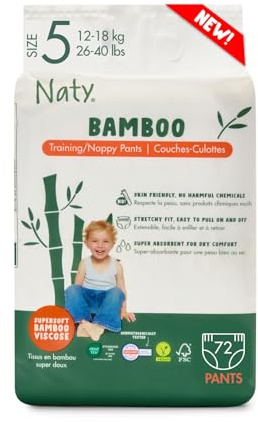 Naty Bamboo - Couches-Culottes en fibres de viscose de bamboo – Douceur soyeuse, Couches-Culottes à base de plantes, Hypoallergéniques pour peau sensible et super absorbantes (Taille 5, 72 unités)