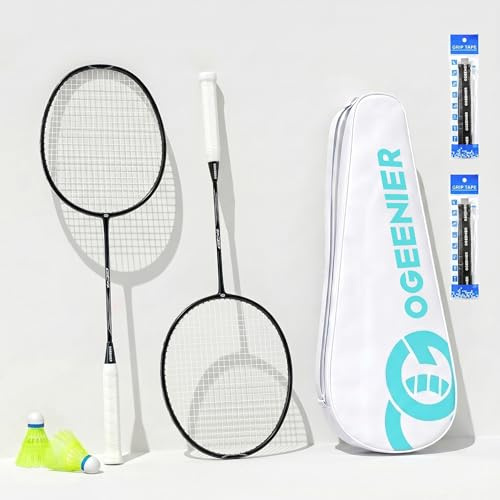 OGEENIER Badmintonracketar set med 2, lätt badmintonset för bakgårdar, barn och familj utomhusspel, inkluderar 2 fjäderbollar, 2 utbytesunderlägg, 1 bärväska