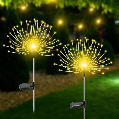 Afaiup 2 Pack 120 LED Solar Fireworks Outdoor Lights, 8 Mode Garden Solar Lights Outdoor Waterproof for Outdoors, Yard, Balcony, Paths, Lawn Decoration (Warm White)