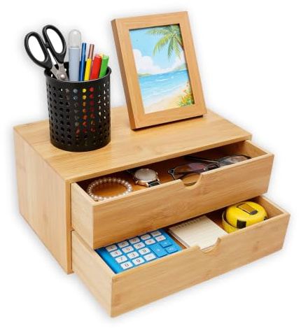 Tyvotrend Schreibtisch Organizer, Desk Büro Organizer aus Bambus, Multifunktionale Schreibtischorganizer mit 2 Schubladen, Ordnungssystem für Home Office, 33x19x16cm, Holzfarben