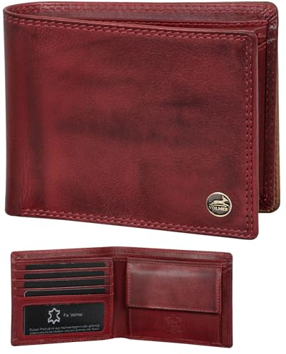 Fa.Volmer Portafoglio da uomo in pelle con protezione RFID, doppia cucitura extra stabile, 4 + 2 carte, rosso bordeaux, Portafoglio sottile, Classico