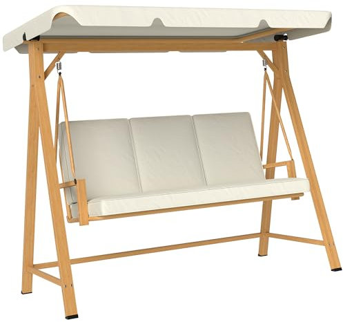 Outsunny Hollywoodschaukel mit verstellbarem Sonnendach Sitzauflage, Holzoptik 3-Sitzer Gartenschaukel belastbar bis 330kg, Schaukelbank für Garten, Terrasse 198 x 120 x 170cm, Beige