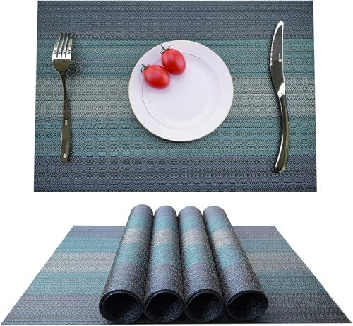 4er Set Tischsets Stoff Leinenimitat Abwaschbar Platzsets Schwarz Blau Streifen Platzdeckchen Abwischbar Modern Platzdecken Urlaub Dekor für Küche Speisetisch Platz-Matten Drinnen Party