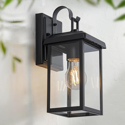 FTL Outdoor Wall Lights, E27 Exterior Wall Lantern Lighting Fixture, IP44 Waterproof Porch Light, Clear Glass Outdoor Wall Sconces, Modern Outside Garden Lamps for House Front Door Garage, Matte Black