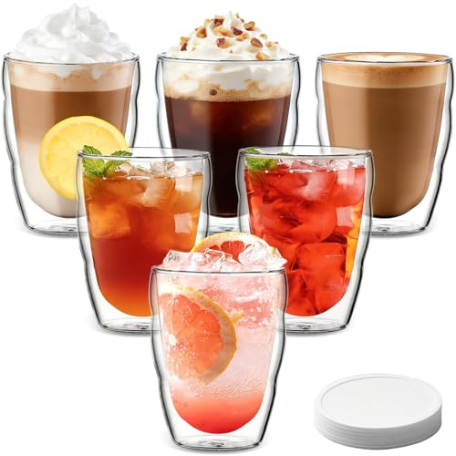 CxutSa 6Pcs Double Walled Glass Coffee Mug 350ml Insulated Cappuccino Latte Glasses Borosilicate Espresso Macchiato Glass Cups for Hot Cold Drinks Tea Milk Juice Ice Cream, with Coaster