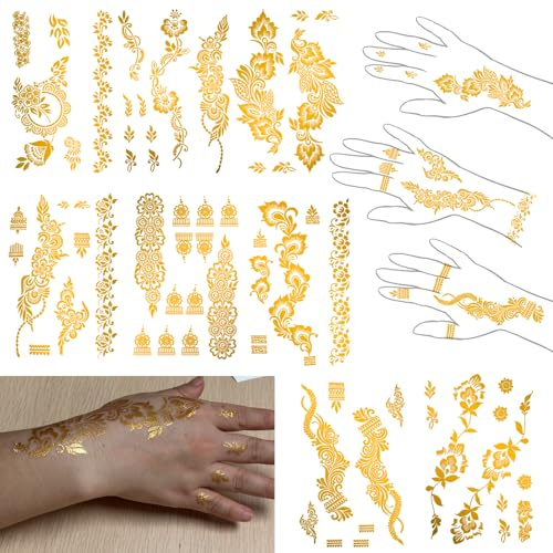65 Designs, Metallic Gold temporäre Tattoos, bunte Gold Glitzer Tattoos, Floral Style Body Art Aufkleber, Schöne Hand temporäre Tattoo für Frauen, 8 große Blätter (gold glitter-1)