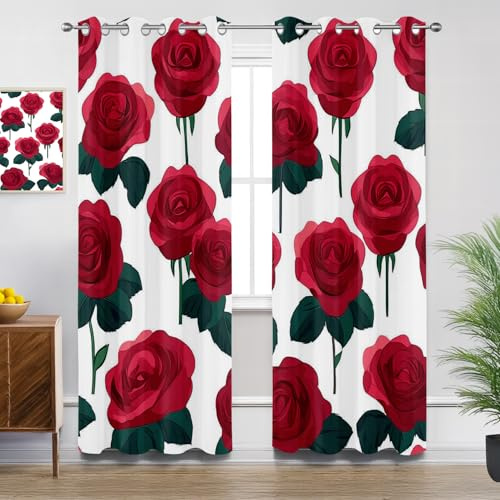 Generisch Blickdichte Gardinen Rote Rose - Verdunkelungsvorhang Rote Blume Vorhang mit Ösen für Schlafzimmer Wohnzimmer Kinderzimmer - 2er Set - H260 x B140cm