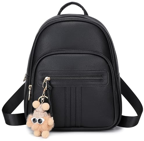 BAGOK Mini Rucksack Damen Klein – Eleganter Kunstleder Rucksack mit Steppoptik, Plüschanhänger & Quaste – Für Frauen & Mädchen im Alltag & auf Reisen(Schwarz)