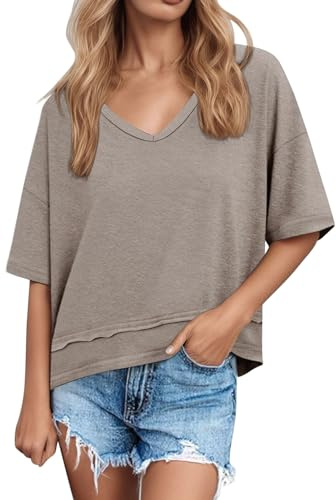PADOLA Tee Shirt Femme Col V T Shirt Coton Tshirt été T-Shirts à Manches Courtes Basique T-Shirt Grande Taille Tunique Couleur Uni Haut Décontracté Top Ample Chemisiers et Blouses (2 Kaki, 2XL)