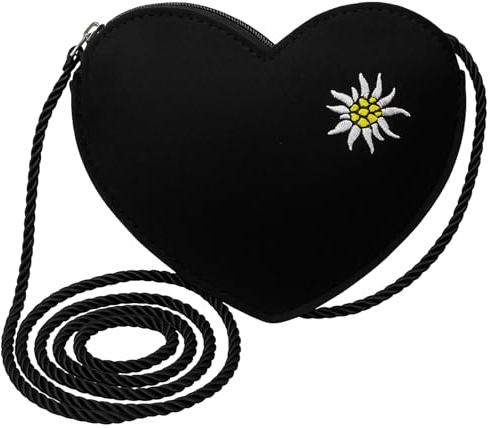 Scinzene Herztasche Dirndl mit Edelweiss Stickerei - Trachtentasche für Damen zur Oktoberfest Handtasche, Mit Schulterband 120 cm, Robustem Schwarz Filz, Praktische Größe 19 x 15 x 4 cm