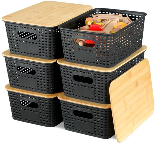 EOENVIVS Storage Bins with Bamboo Lids, 6 Pack Plastic Storage Baskets and Storage Containers, Storage Baskets for Organizing Shelves Drawers Desktop Closet Playroom Classroom Office Home, Black