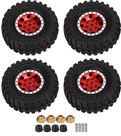 ANKROYU 55mm RC Rubber Tires Aluminum Alloy Wheel Rims 8 Hole V Type for Axial SCX24 1/24 RC Crawler Car 4PCS Set with Brass Coupler (Red)