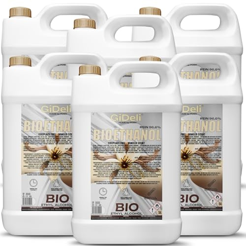 GiDeli Lot de 6 bio-éthanol - 5 l - Parfum vanille - 96,6 % d'éthanol - Pour intérieur et extérieur - Sans fumée et suie - Fabriqué à partir de maïs et de betterave sucrière