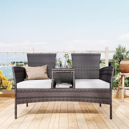 MGMYM Outdoor Loveseat, 2-Sitzer Stuhl mit Tisch, Kissen, Tischplatte aus gehärtetem Glas, Polyrattan Sitzgruppe Rattan, Sitzgarnitur, Gartenstuhl, Balkonstuhl für Garten. (Schwarz, 132 x 63 x 87 cm)
