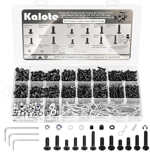 KALOTE 633PCS RC Screw Kit, 10.9 Grade Carbon Steel High Tensile Hex Screws Assortment Set, Compatible with Traxxas Axial SCX24 TRX4M 1/18 1/24 RC Car Crawler Repair Hardware Parts with Hex Wrenches