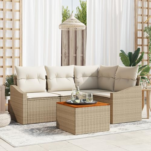 IBUQDDV 5-TLG. Garten-Sofagarnitur mit Kissen Beige Poly Rattan für Balkon Garten Patio, 6 Personen Sitzgruppe, UV-beständige Outdoor-Möbel, Moderne Loungegarnitur mit cremefarbenen