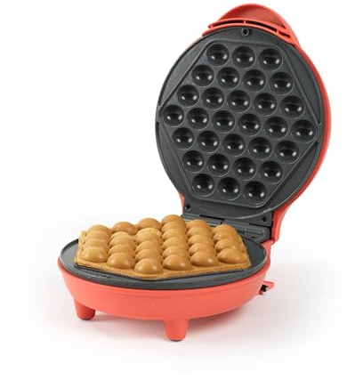 Giles & Posner Funfair Bubble Waffle Maker – Piastre di cottura antiaderenti senza PFAS, preriscaldamento in 2 minuti, spie luminose di alimentazione/pronto, piastra da 18 cm, 750W, rosso