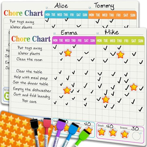 QUOKKA Magnetic Chore Chart for Kids Multiple Kids - Morning and Bedtime Reward Chart for Refrigerator - Daily Dry and Erase Board for Family - Includes 2 Boards and Accessories up to 4 Children