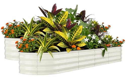 Crevyteg 2 Pack 8x2x1.5ft Galvanized Metal Raised Garden Beds – Rust-Resistant, Heavy Duty Outdoor Planter Boxes – Open Bottom, Easy Assembly, Protective Anti-Cut Edging – Beige, 240x60x45cm