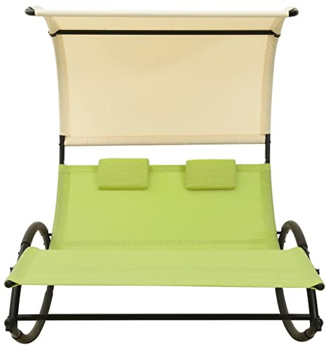 KKgypkn Outdoor Doppelliege Textilene Grün und Creme mit Sonnendach für die Terrasse und Schaukelliege für den Garten als Doppel-Sonnenliege