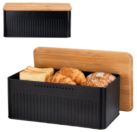 FARYODI Panera de metal con tapa para tabla de cortar, 33 x 18 x 13,5 cm, caja de pan crujiente, moderno organizador de cocina, ventilación total, cesta de pan para frescura duradera, para masa madre