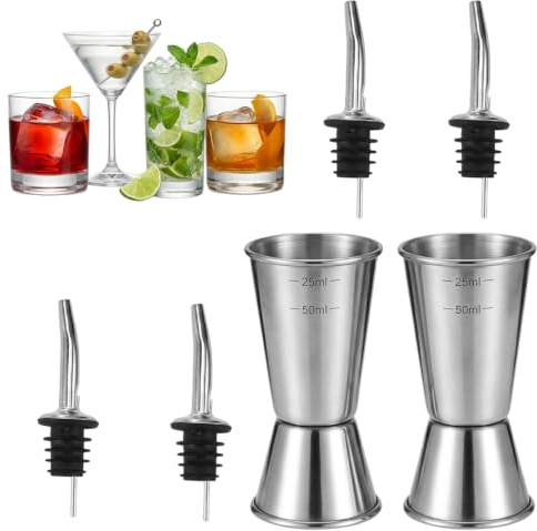 Spirit Measure,2 Pcs Cocktail Measure with 4Pcs Bottle Pourers for Spirits, Professional Alcohol Measure for Spirits,Stainless Steel Double Spirit Measures 25ml 50ml for Bar Home Wine Measurements