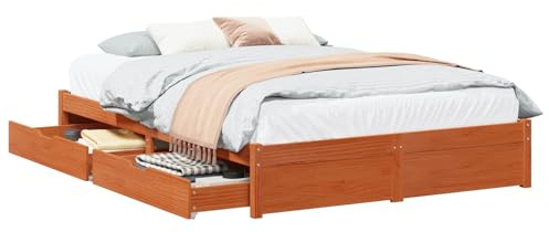 Yisssmeng Cadre de lit 160 x 200 cm avec tiroirs, cadre de lit en pin massif, lit double avec sommier à lattes et 2 commodes sous le lit, lit de rangement pour chambre à coucher, marron ciré