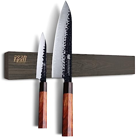FINDKING 40CM Magnetic Knife Strip, Magnet Utensil Holder for Wall, Refrigerator, Wooden Rack for Kitchen Knives, No Drill (Ash Wood, Deep Brown, Without Knives)