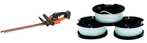 Black+Decker Akku Heckenschere (mit Antiblockierfunktion, Schnell-Ladegerät und hohem Bedienkomfort) & A6485 Fadenspulen (für Trimmer 3er Pack- 3 x 10 m Länge, ⌀ 1,5 mm Fadendurchmesser)