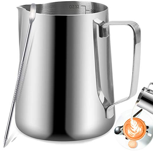 Bricco per Latte in Acciaio Inox, TechKen Brocca in Schiuma 350ml/600ml/900ml(12oz/20oz/32oz), per cappuccino barista espresso making (Argento 600ML/20OZ)